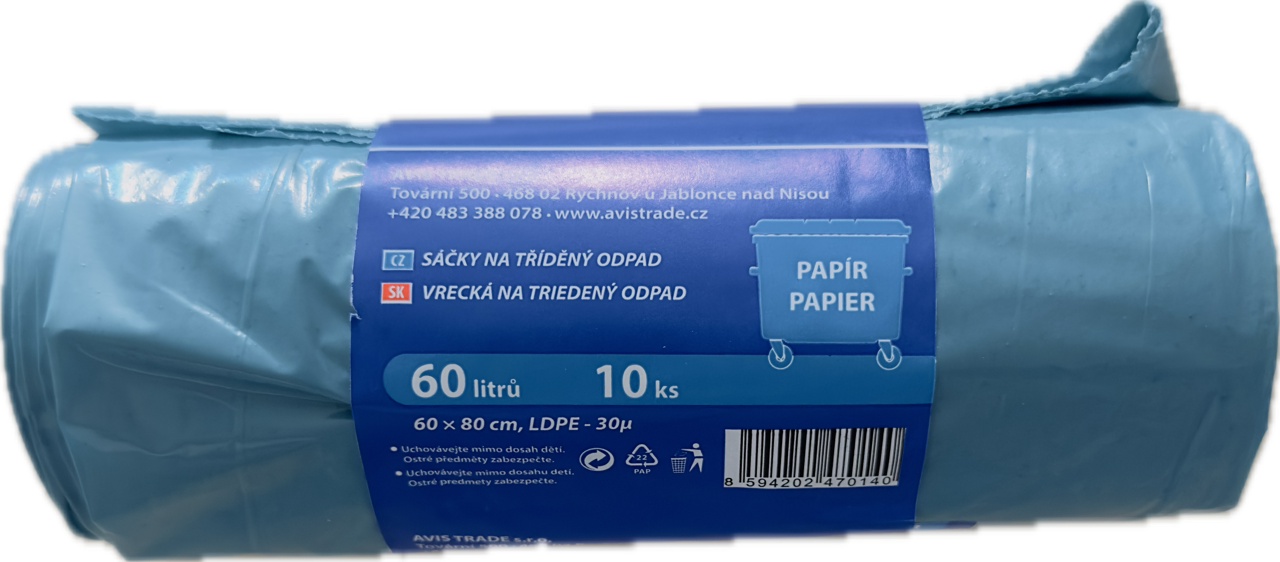 Pytel 60L, 600x800mm, 10ks/role modrý na papír