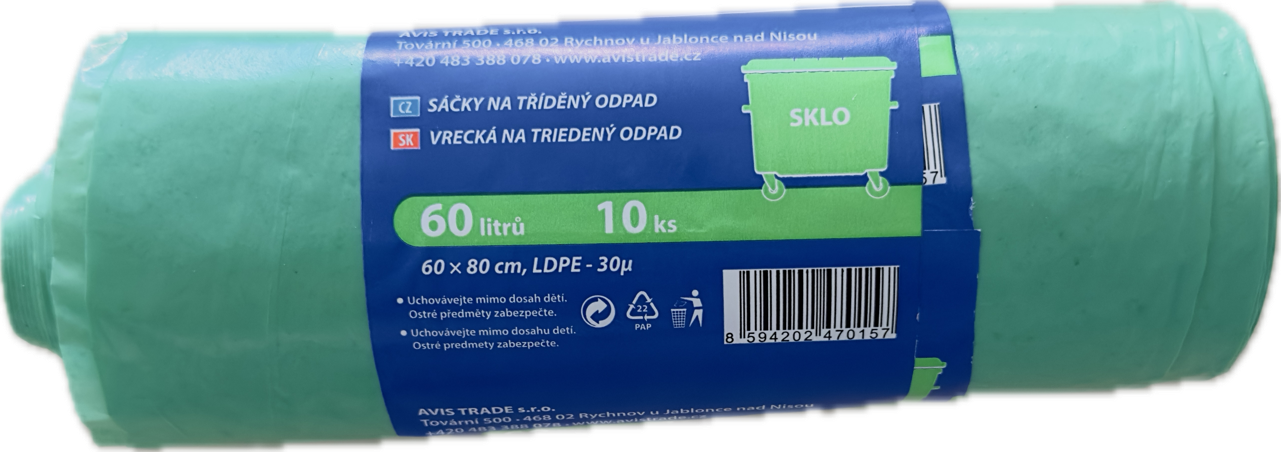 Pytel 60L, 600x800mm, 10ks/role zelený na sklo
